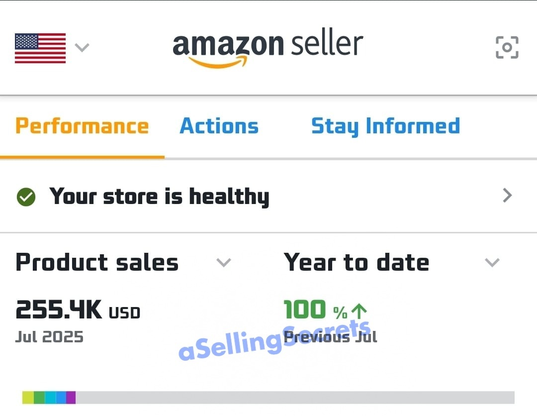 Amazon Seller dashboard showing 255.4K USD in July 2025
