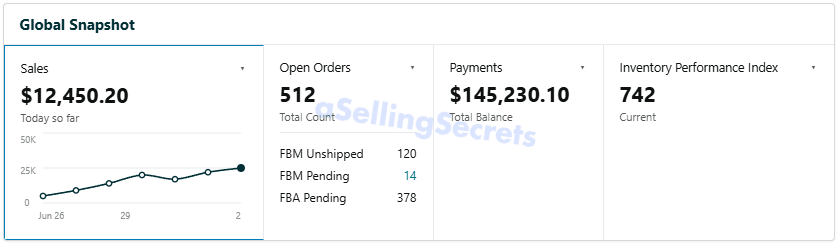 Global Snapshot showing 12,450 dollars today and 512 open orders
