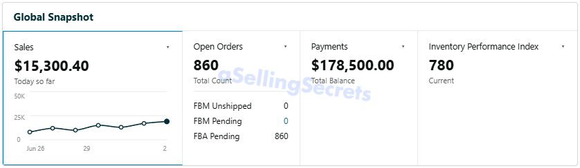 Global Snapshot showing 15,300 dollars today and 860 open orders