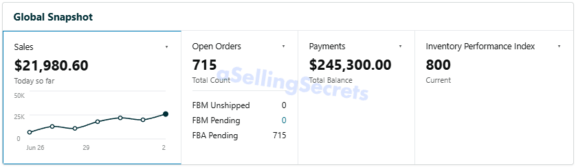 Global Snapshot showing 21,980 dollars today and 715 open orders