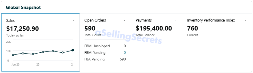 Global Snapshot showing 17,250 dollars today and 590 open orders